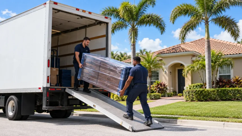 Two movers carry a plastic-wrapped dresser down a moving truck ramp outside a Florida home with palm trees