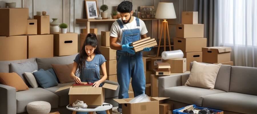 movers packing boxes