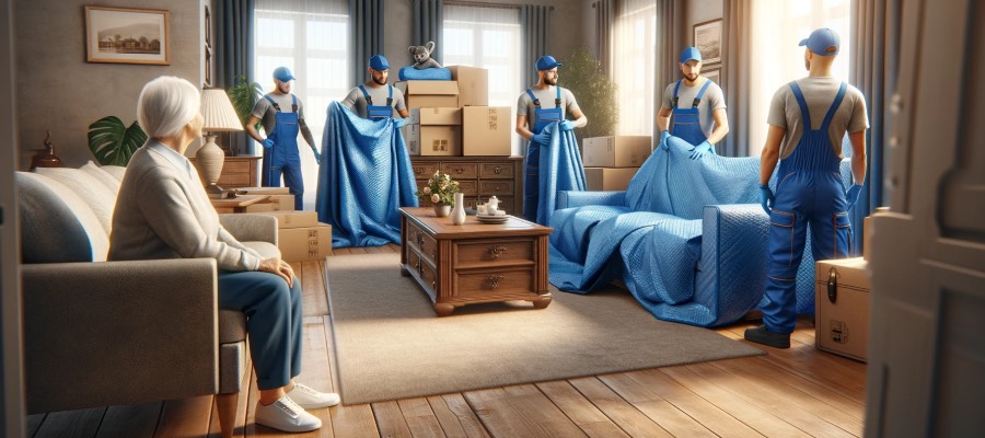 please generate a 900x400 pixel photorealistic image of professional movers inside a living room. They are covering the furniture in blue moving blankets in preparation for their relocation out of the house. the elderly homeowner is observing them and is pleased with the help they are providing.