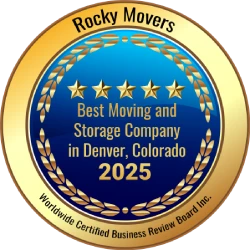 Award winning five-star badge to Rocky Movers for being the best moving and storage company in Denver in 2025