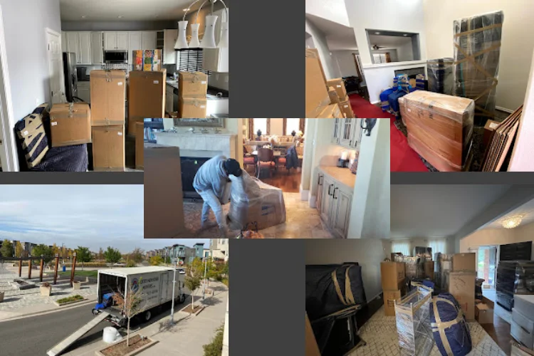 Collage: Rocky Movers packing, wrapping furniture, and loading a truck in Denver—5-star service with free packing supplies.