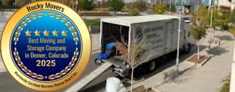 Award badge for Rocky Movers as the best moving company in Denver 2025 next to a moving truck loading furniture, representing the value of hiring licensed movers versus DIY.