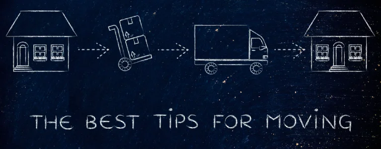 Chalkboard illustration showing a house, dolly, moving truck, and new home with the text “The Best Tips for Moving,” symbolizing smart moving day logistics in Denver.