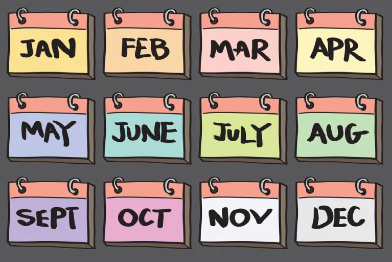 Illustrated calendar with all twelve months, representing seasonal planning and cost-saving strategies for local moves in Denver.