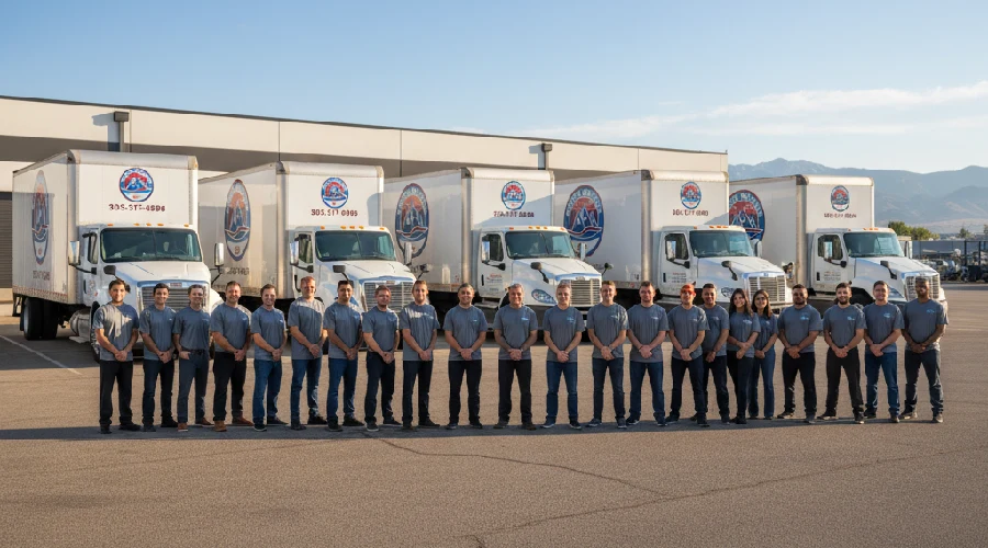 Rocky Movers team with trucks in Aurora, CO—family-owned local movers trusted by businesses, homeowners, and renters for attentive customer care.