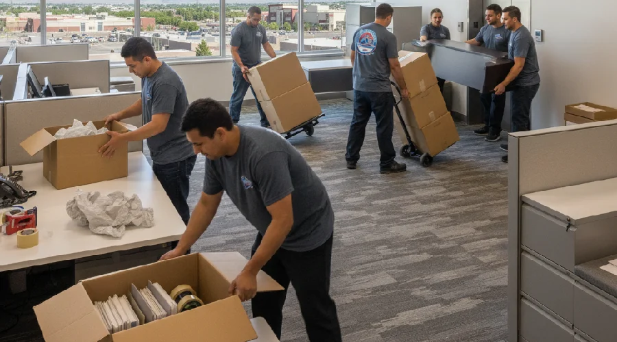 Rocky Movers crew relocating an Aurora, CO office—packing files, moving desks and boxes