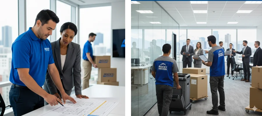 Rocky Movers team coordinating a corporate office relocation in Denver with minimal downtime