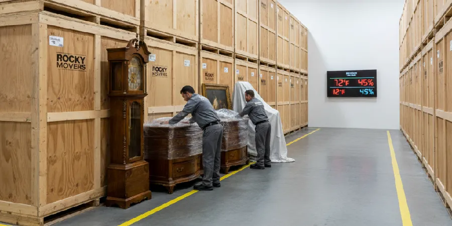 Rocky Movers team organizing furniture and antiques inside a 40,000 sq ft climate-controlled warehouse in Denver with temperature and humidity display.