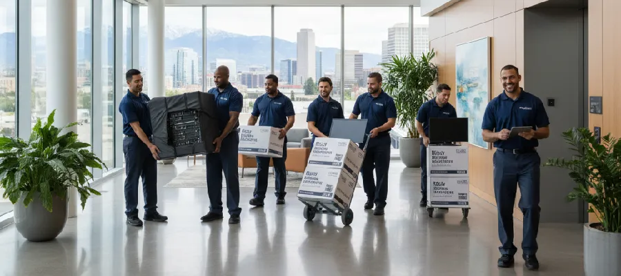 Rocky Movers team handling office move in Denver commercial building