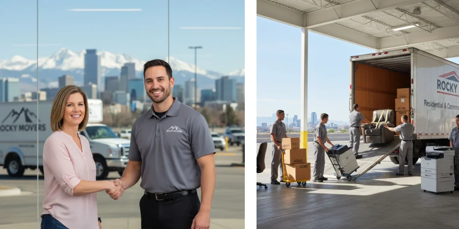 Rocky Movers team in Denver helping with an office move while a friendly mover shakes hands with a satisfied customer, showing trust and excellent service.