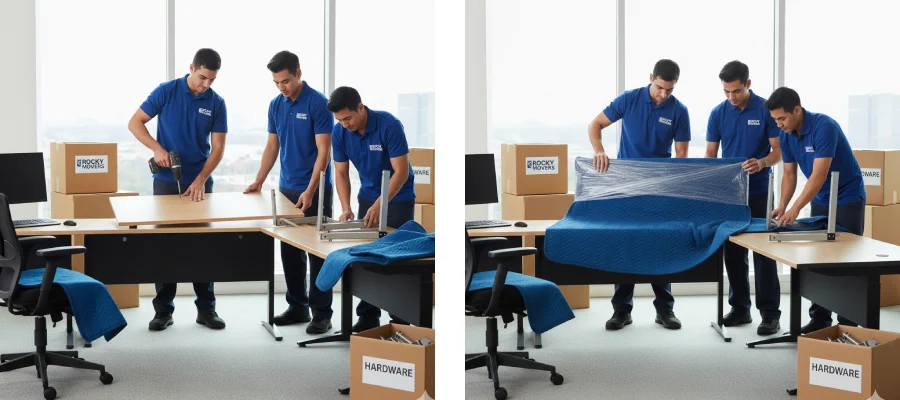 Rocky Movers team disassembling and wrapping office furniture during a Denver business relocation
