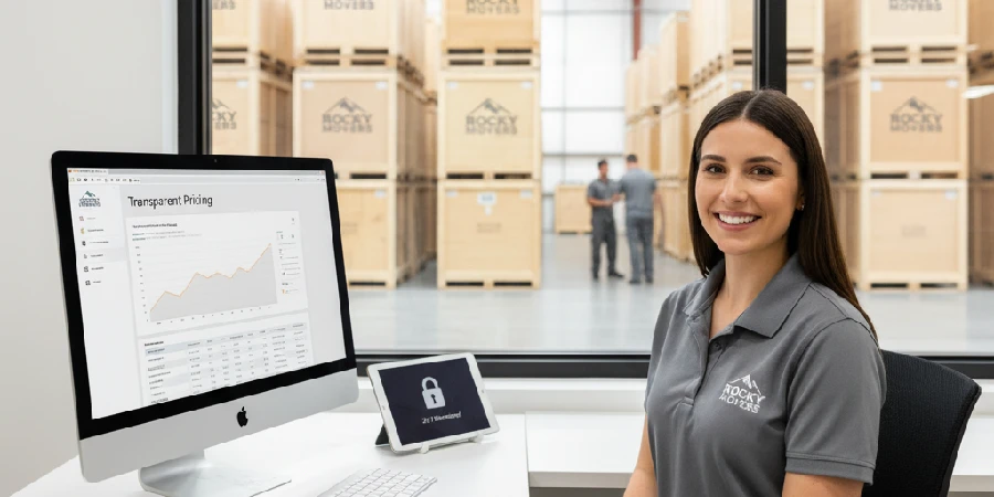 Rocky Movers representative smiling at desk with warehouse crates in background, representing secure and transparent storage services in Denver, Colorado.