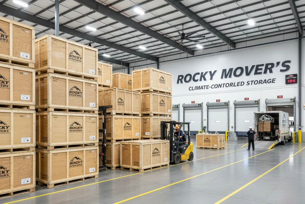 Climate-controlled storage facility in Denver with Rocky Movers wooden crates and forklift inside a clean, secure warehouse.