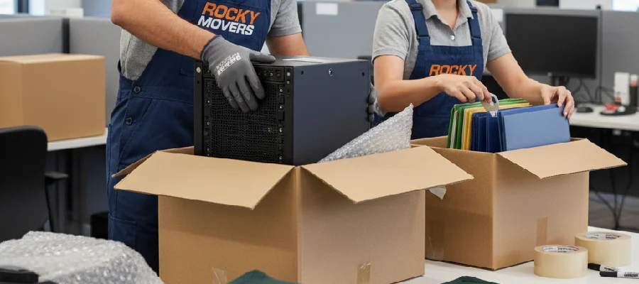 Rocky Movers team carefully packing office electronics and files for a Denver business relocation