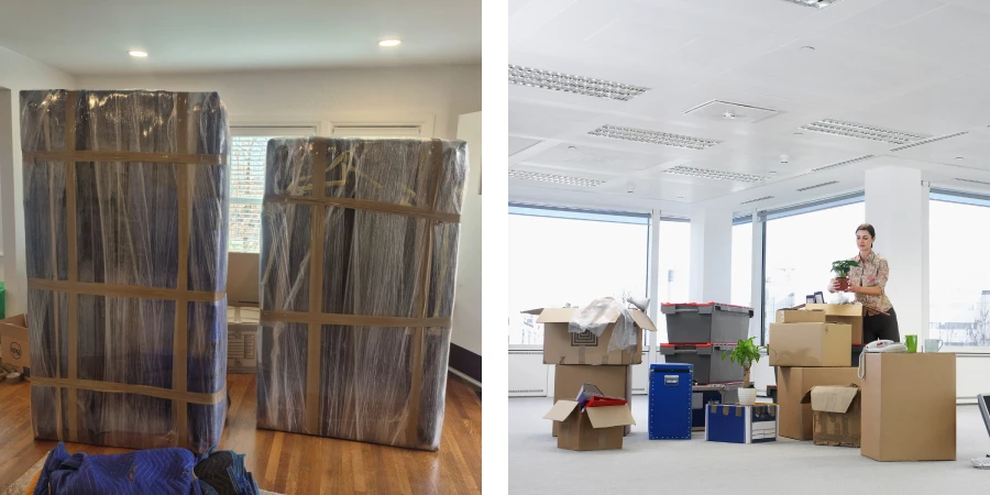 Rocky Movers image showing packed household furniture on the left and an office with boxes and bins ready for relocation on the right in the Denver metro area.