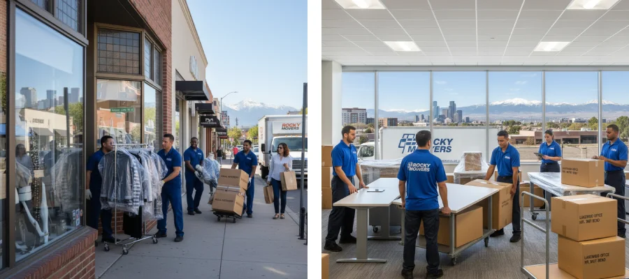 Rocky Movers relocating a retail store in Cherry Creek on the left and an office in Lakewood, CO, on the right