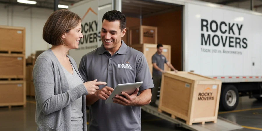 Rocky Movers staff member helping a customer in a Colorado warehouse beside a moving truck, representing trusted moving and storage services in Denver.