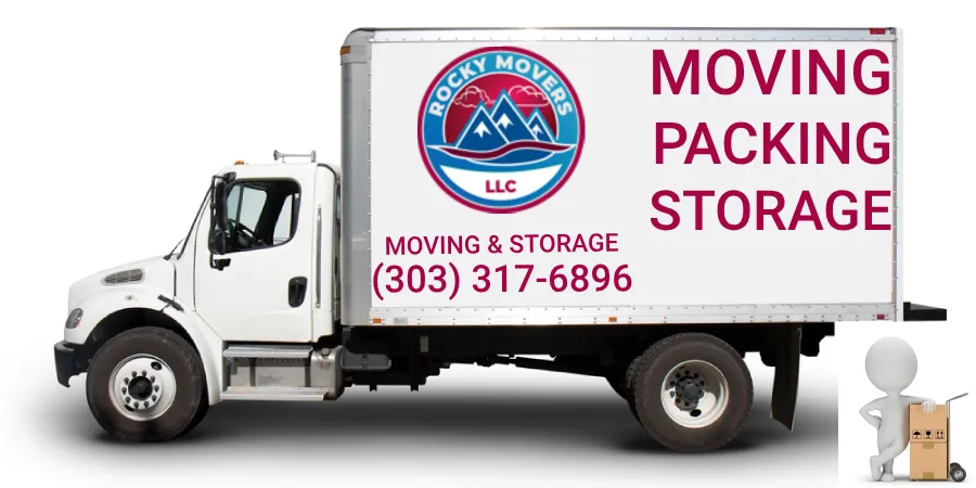Rocky Movers branded moving truck showcasing professional moving, packing, and storage services available in Aurora, Colorado.