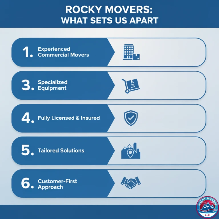 Infographic showing why Denver businesses choose Rocky Movers, highlighting experience, equipment, licensing, tailored solutions, and customer-first service
