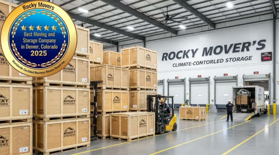 Rocky Movers climate-controlled storage warehouse in Denver area with stacked wooden crates, forklift, and 2025 award badge for best moving and storage company.