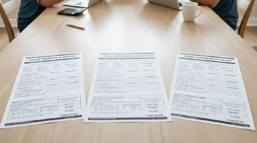 Residents comparing three detailed moving estimates at a table from different moving companies in Lakewood, CO.