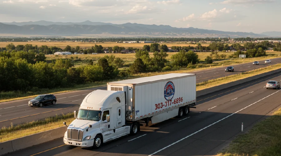 Rocky Movers semi-truck on a Colorado highway near Lakewood, delivering cross-country moving services.