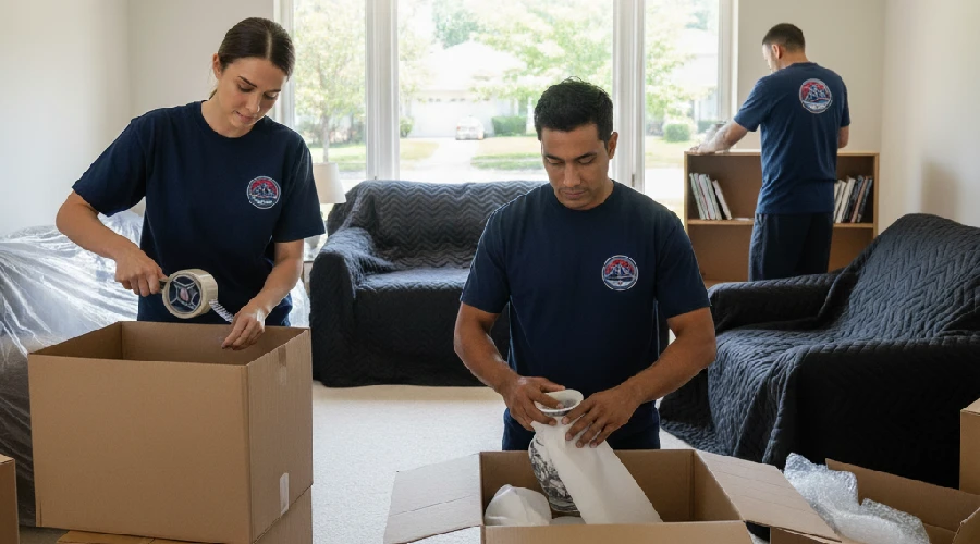 Rocky Movers packers in Lakewood, CO wrapping fragile items and boxing household goods during full packing services.