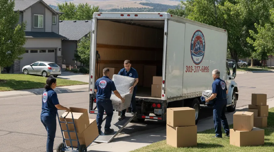 Rocky Movers crew loading a truck with boxes and wrapped furniture for a local move in Lakewood, CO.