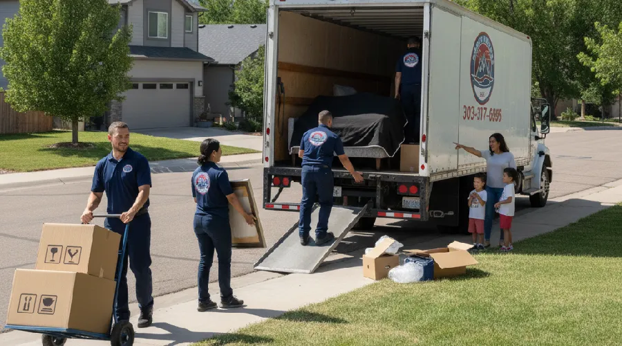 ocky Movers local team in Lakewood, CO loading a moving truck while a family looks on, showcasing professional neighborhood service.