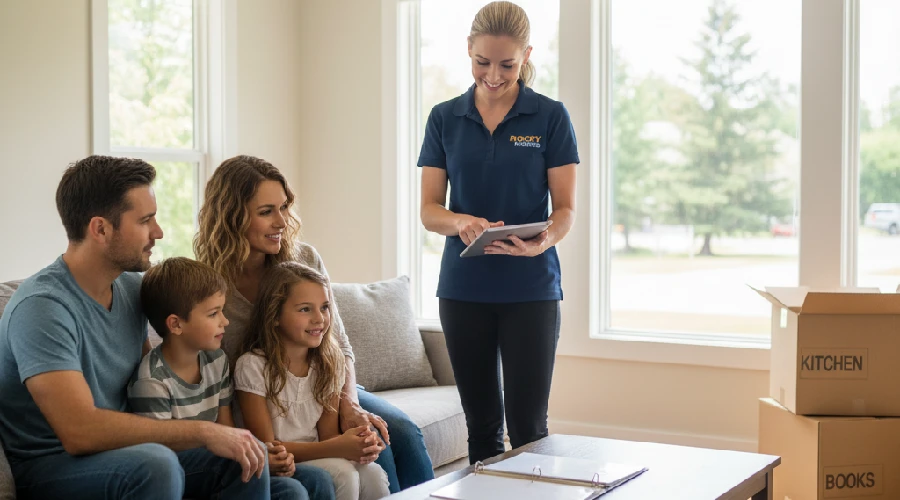 Rocky Movers coordinator in Lakewood, CO reviewing a long-distance moving plan with a family during an in-home estimate.