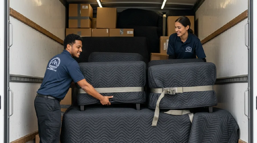 Rocky Movers crew in Lakewood, CO securing padded furniture and boxes inside a moving truck for safe transport.