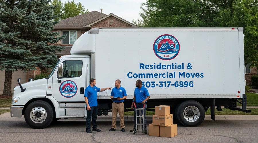 Rocky Movers' white moving truck in a Centennial, CO neighborhood, with three professional movers standing next to residential and commercial moving boxes. The truck displays the company logo, phone number (303-317-6896), and 'Residential & Commercial Moves'.