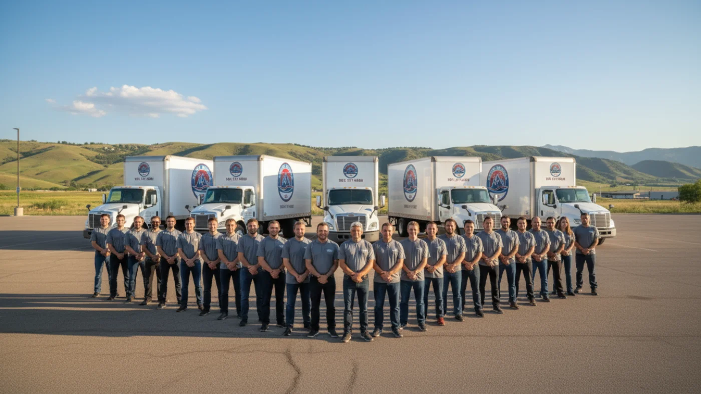 Team photo representing the staff of the best moving company in Thornton, CO, with all employees and their branded moving trucks lined up in a large parking lot.