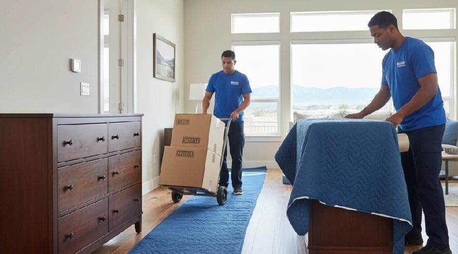 Professional movers in a Centennial, CO home carefully wrapping a double dresser with a moving blanket while another mover transports boxes on a hand truck across protected hardwood floors.