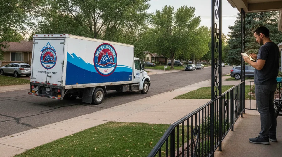 Homeowner in Thornton, CO requesting a free moving estimate online while a Rocky Movers truck is parked outside.