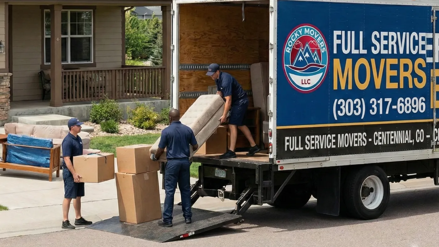 Rocky Movers full service moving team loading furniture and boxes into a truck outside a residential home in Centennial, CO 80111.