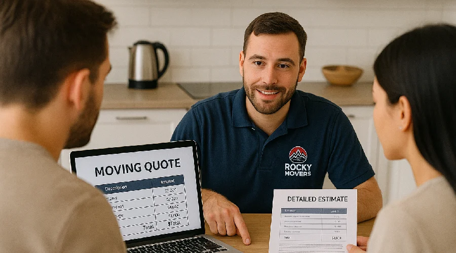 Couple reviewing a transparent moving estimate and planning their relocation costs with a Rocky Movers consultant in Thornton, CO.