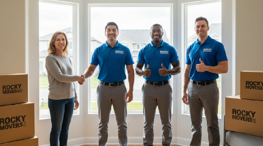 Happy Centennial, CO clients shaking hands with Rocky Movers professional team inside their new home, symbolizing a successfully completed move and excellent local service.