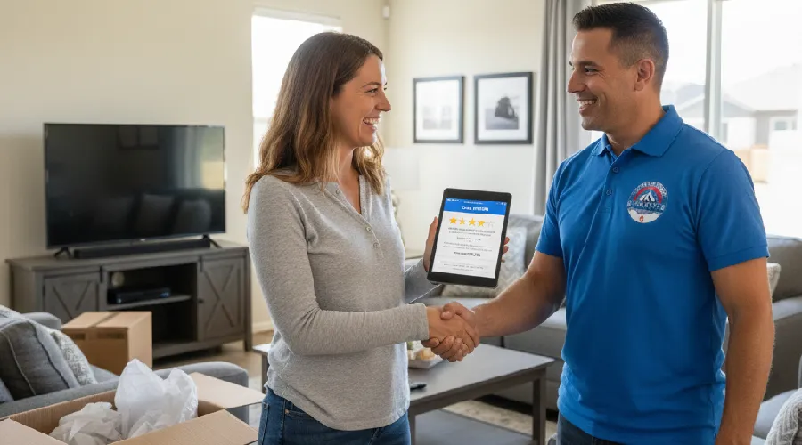 Thornton moving customer giving Rocky Movers a five-star review on a tablet after a successful local move.