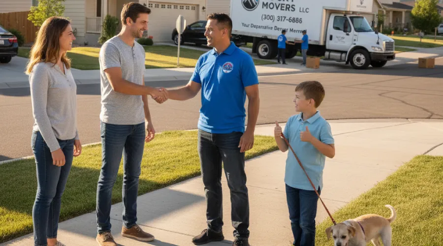 Family shaking hands with licensed Rocky Movers professionals in front of their new home in Thornton, CO.