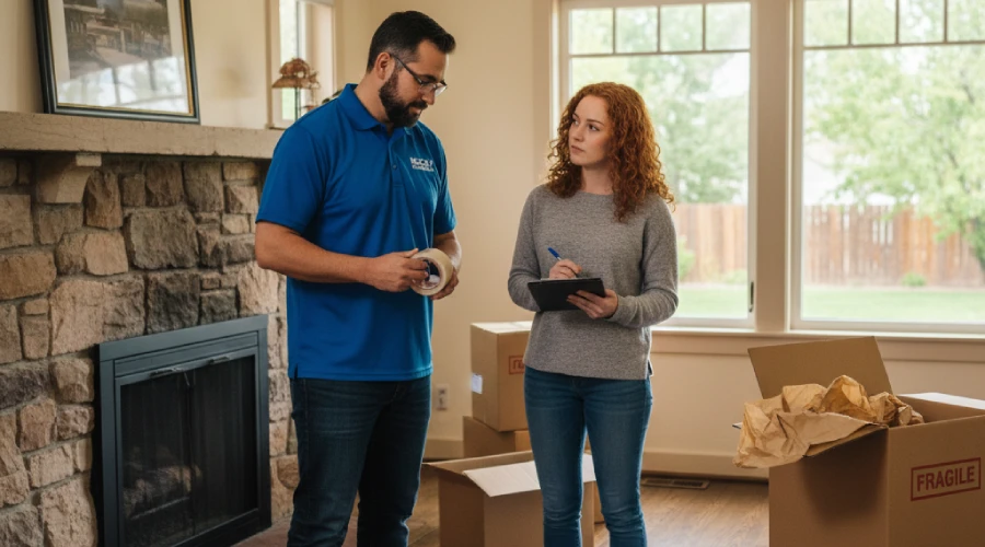 A Rocky Movers professional providing valuable moving tips to a customer inside a residential home in Centennial, CO, demonstrating expert advice for a smooth moving day.