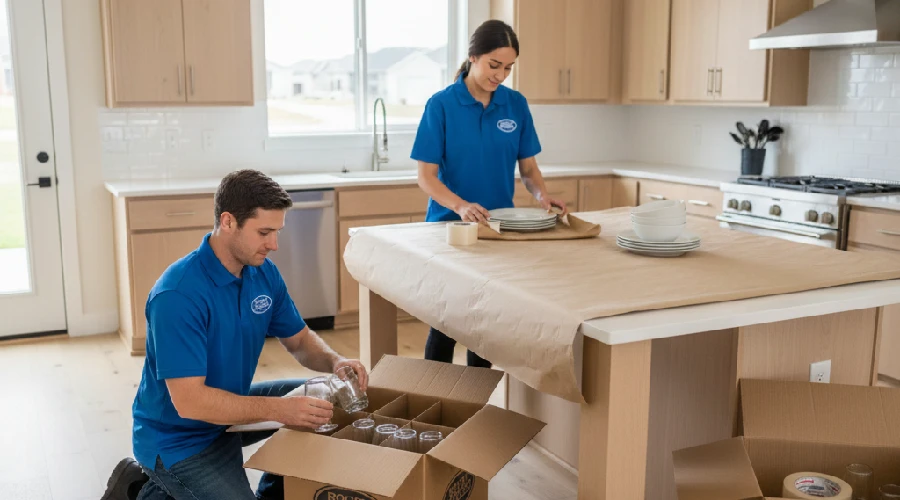 Rocky Movers professional team providing local moving services by carefully packing kitchen dishware into specialized boxes in Centennial, CO.