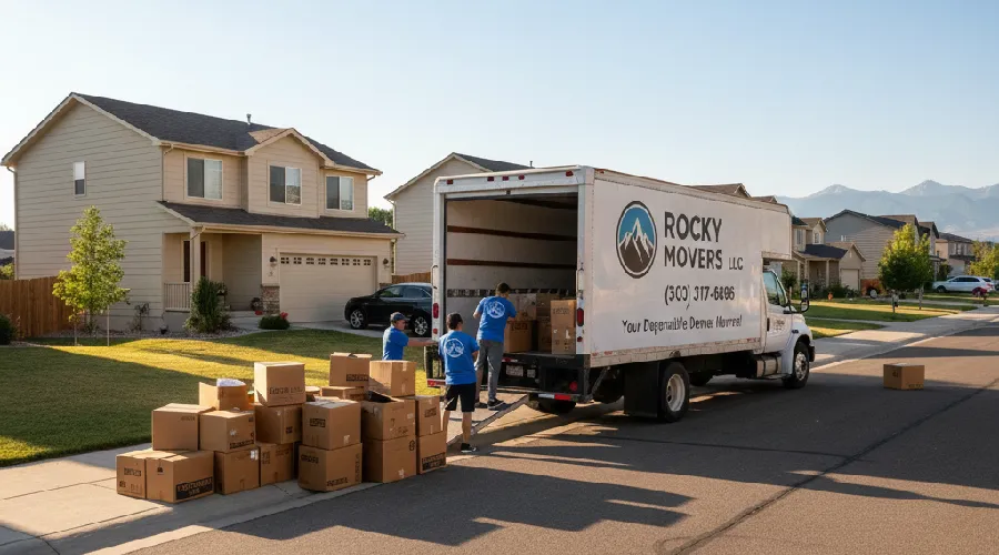 Rocky Movers crew loading a branded truck and boxes for local and long-distance moving services in Thornton, CO.