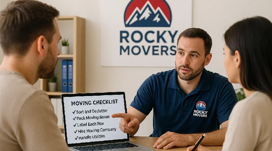 Rocky Movers relocation specialist answering frequently asked moving questions for a couple planning a move in Thornton, Colorado.