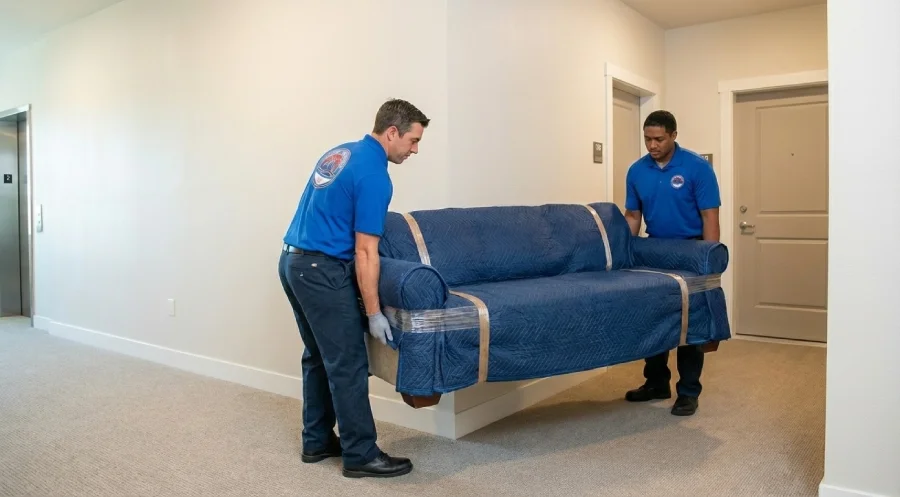 Rocky Movers team carefully maneuvering professionally wrapped furniture around a tight corner in an Arvada, CO apartment hallway, demonstrating precision moving services.