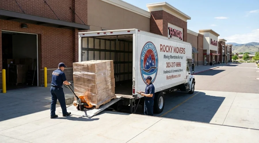 Rocky Movers commercial team executing a retail move at the Shops at Walnut Creek in Arvada, CO, ensuring minimal downtime for local businesses.