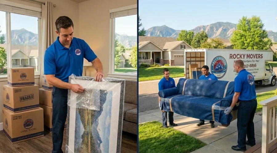 Split view of Rocky Movers in Arvada, CO, showing comprehensive services: carefully packing delicate items and carrying a professionally wrapped couch to the moving truck.