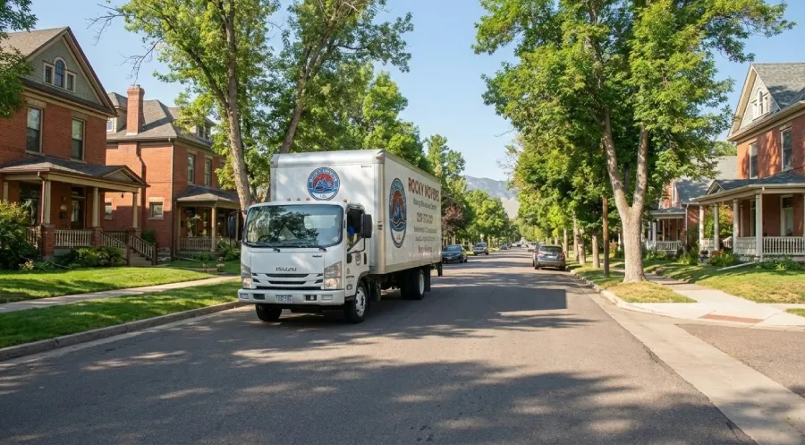 Rocky Movers truck navigating a tree-lined street in a historic Arvada, CO neighborhood, showcasing professional local moving services.