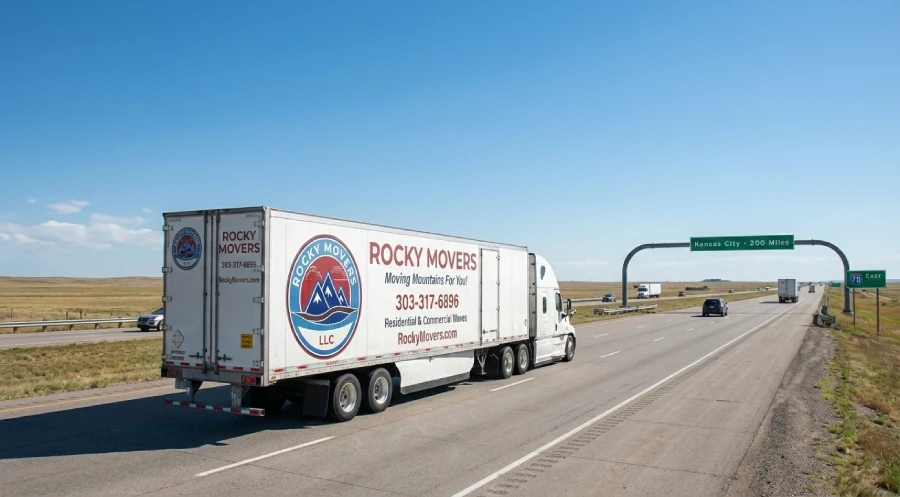 Rocky Movers branded semi-trailer traveling on I-70, illustrating professional long-distance and interstate moving services for customers relocating to or from Arvada, CO.