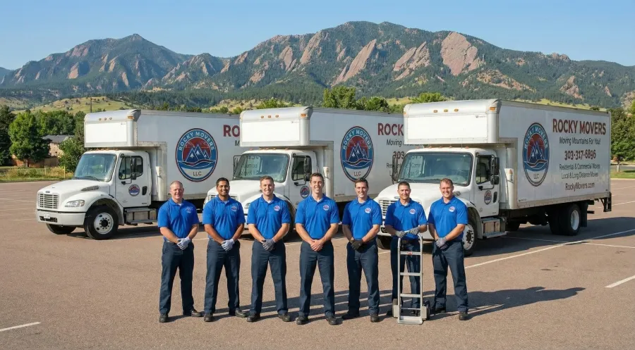 Rocky Movers professional crew standing in front of a fleet of branded trucks in Arvada, CO, showcasing a fully licensed, insured, and locally owned moving company.